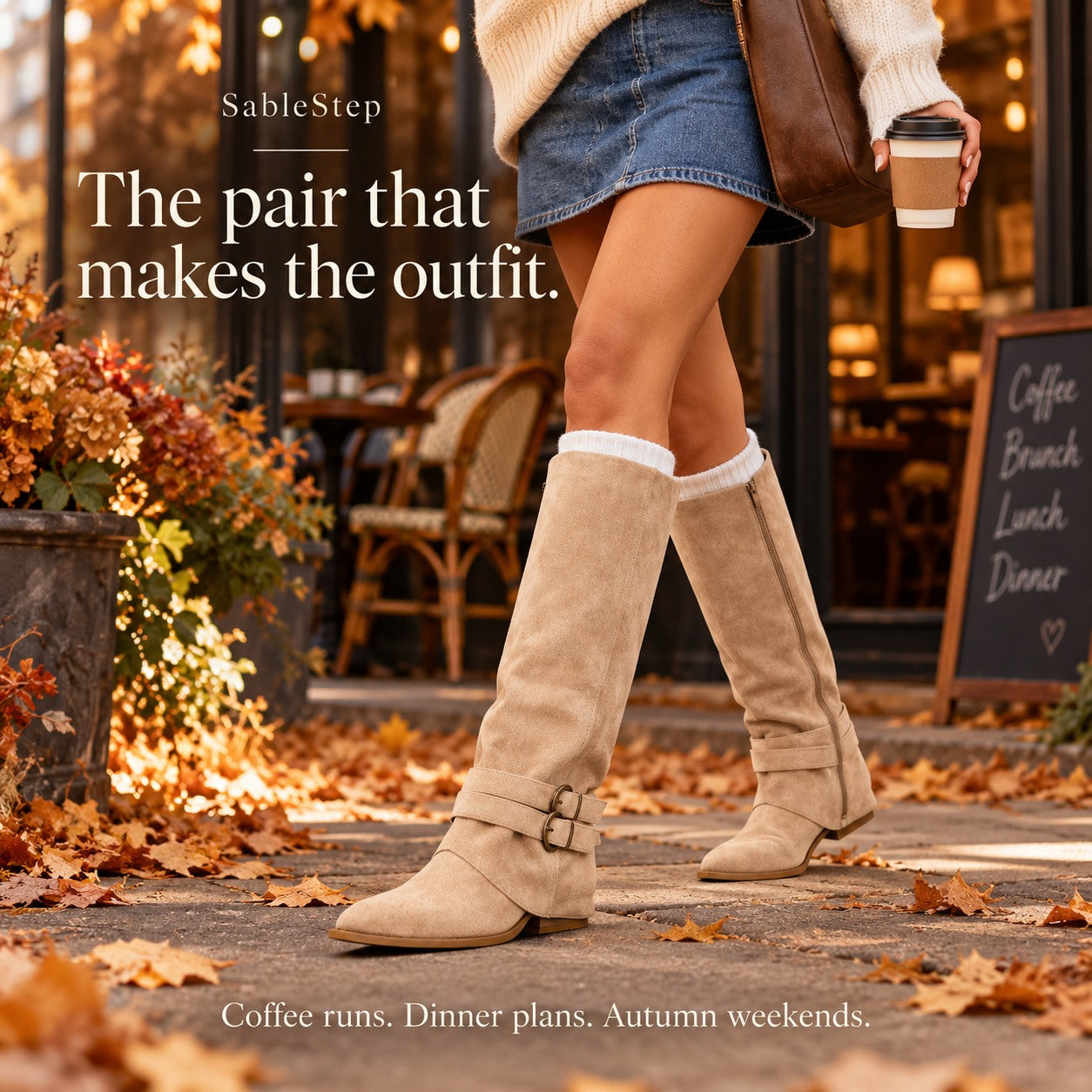 Beige SableStep boots styled with an autumn outfit