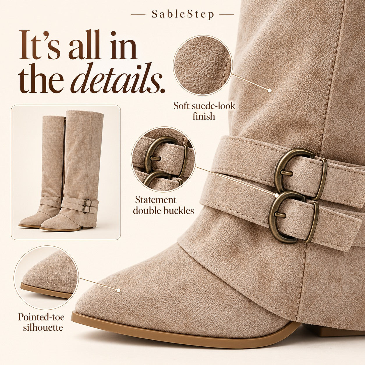 Suede-look texture pointed toe and double buckle details
